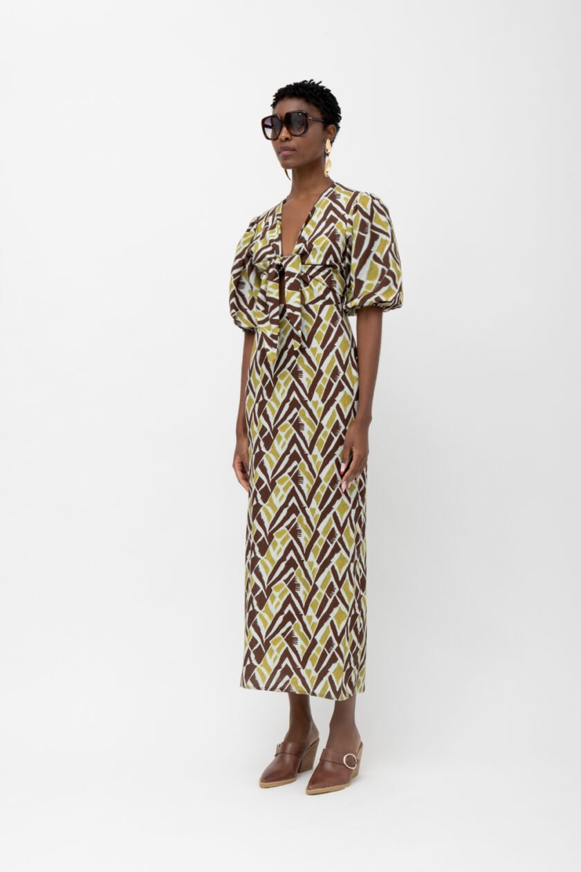 Suez Lime Brown Print Dress - Image 3