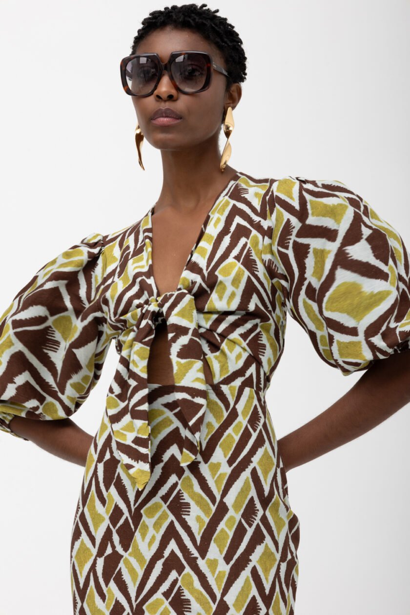 Suez Lime Brown Print Dress - Image 2